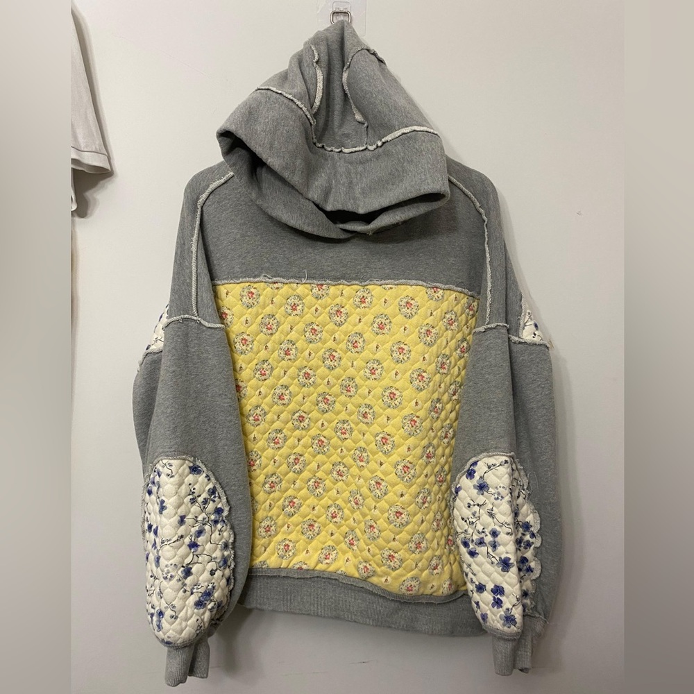 We The Free Gray Hoodie Sweater with Yellow Quilted Front